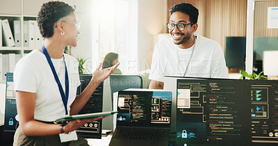 Buy stock photo Tablet, programmer and smile with business people in office for web developer, research and feedback. Code review, software engineer and database with employees in tech startup for it collaboration