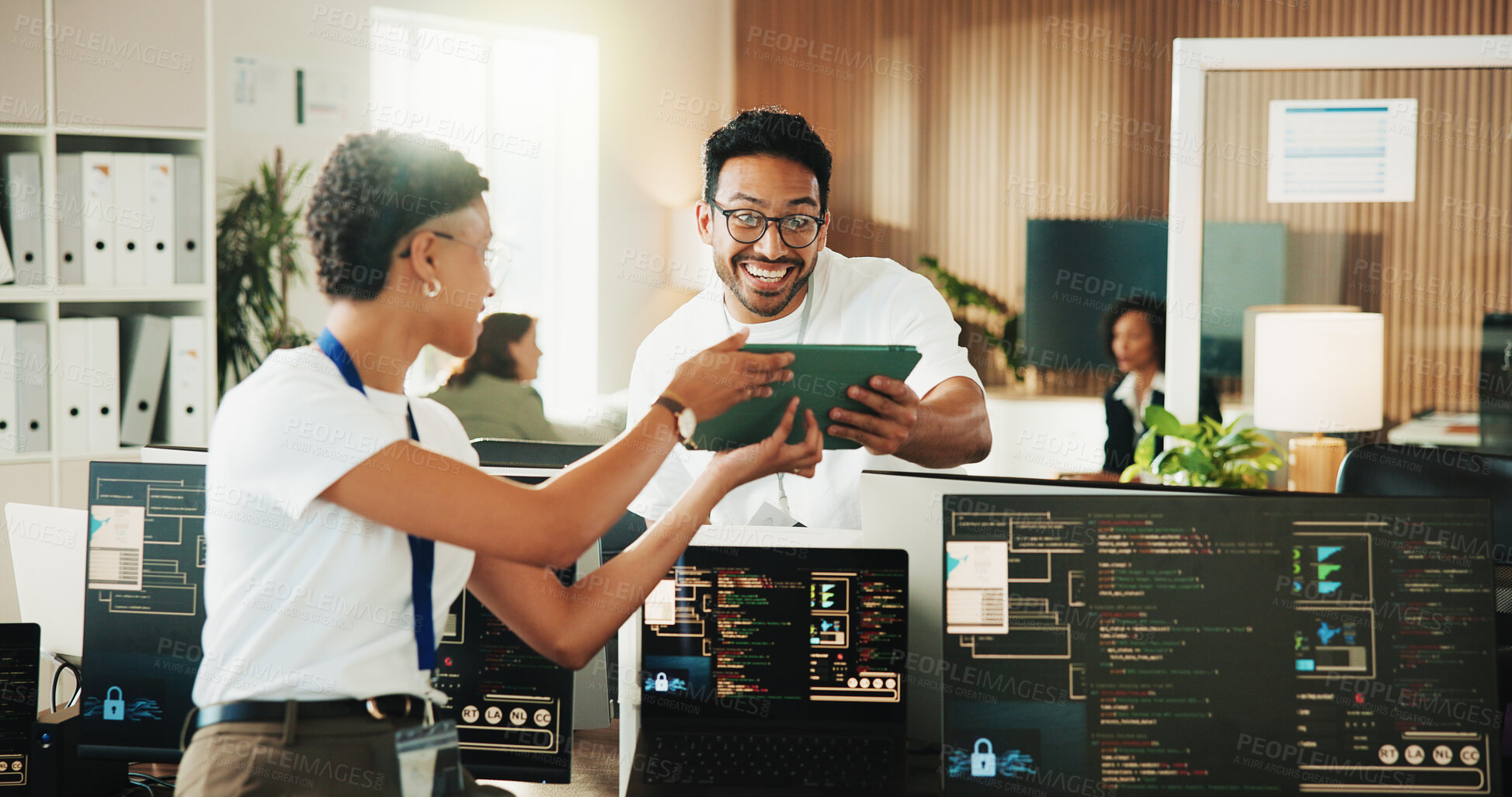 Buy stock photo Tablet, programmer and excited with business people in office for app developer, support and database. It engineer, software launch success and celebration with employees with tech in agency