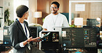 Tablet, programmer and meeting with business people in office for web developer, research and feedback. Code review, software engineer and database with employees in tech startup for it collaboration