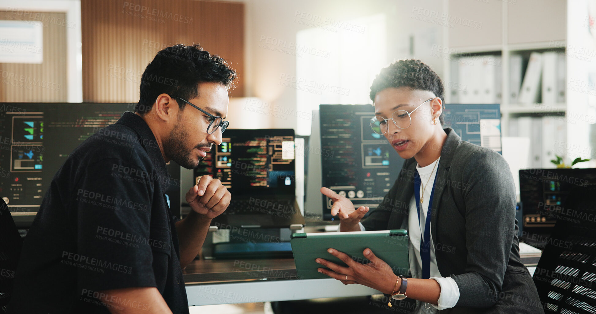Buy stock photo Tablet, programmer and partner with business people in office for web developer, research and feedback. Code review, software engineer and database with employees in tech startup for it collaboration