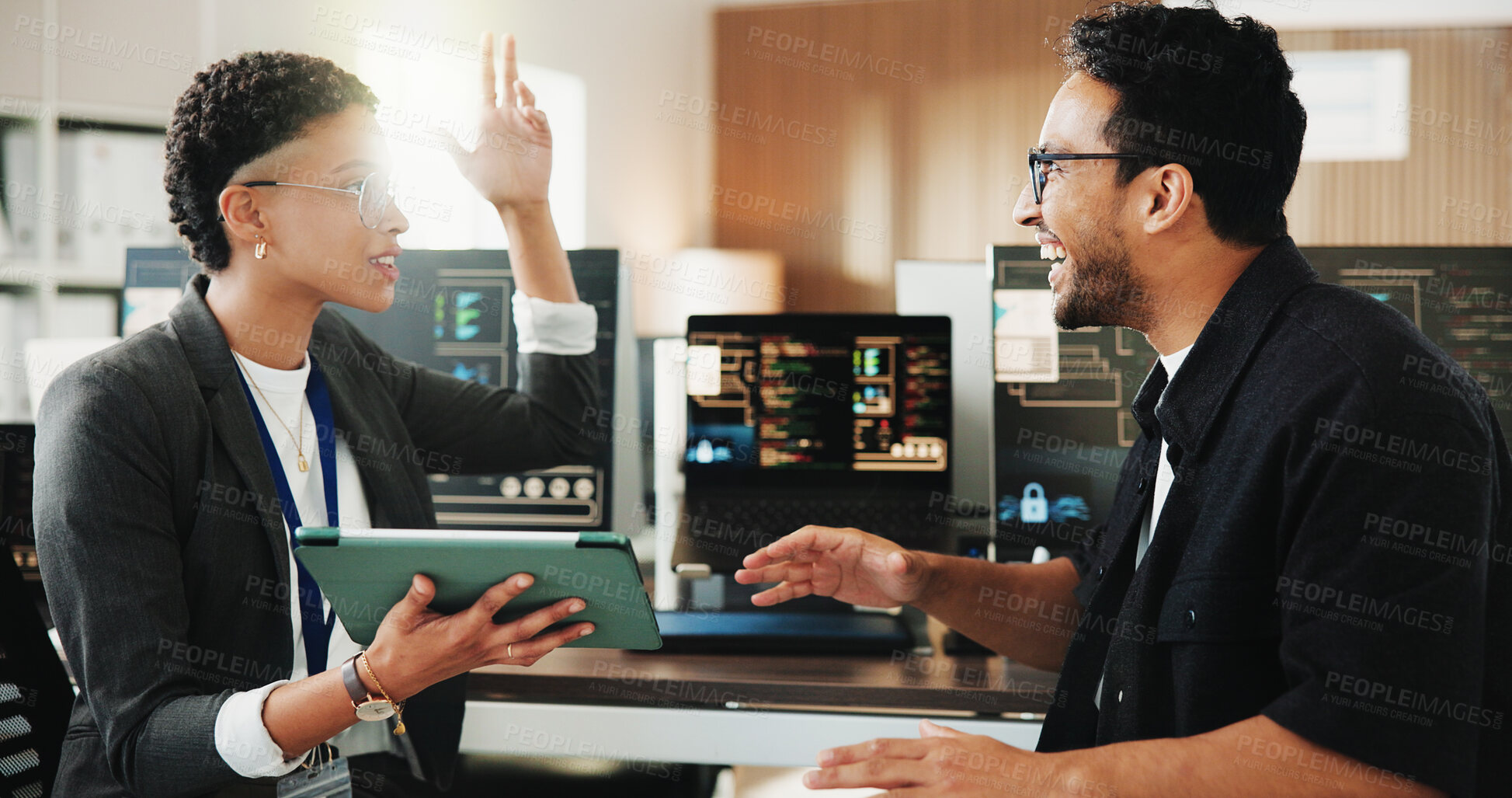 Buy stock photo Tablet, programmer and research with business people in office for web developer, team and feedback. Code review, software engineer and database with employees in tech startup for it collaboration