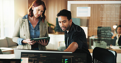 Buy stock photo Tablet, programmer and computer with business people in office for web developer, research or feedback. Code review, software engineer and database with employees in tech startup for it collaboration