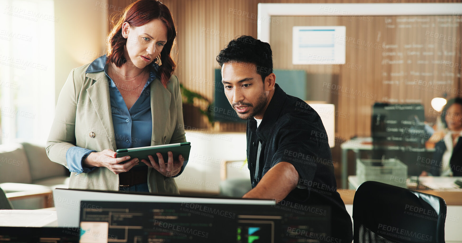 Buy stock photo Tablet, programmer and computer with business people in office for web developer, research or feedback. Code review, software engineer and database with employees in tech startup for it collaboration