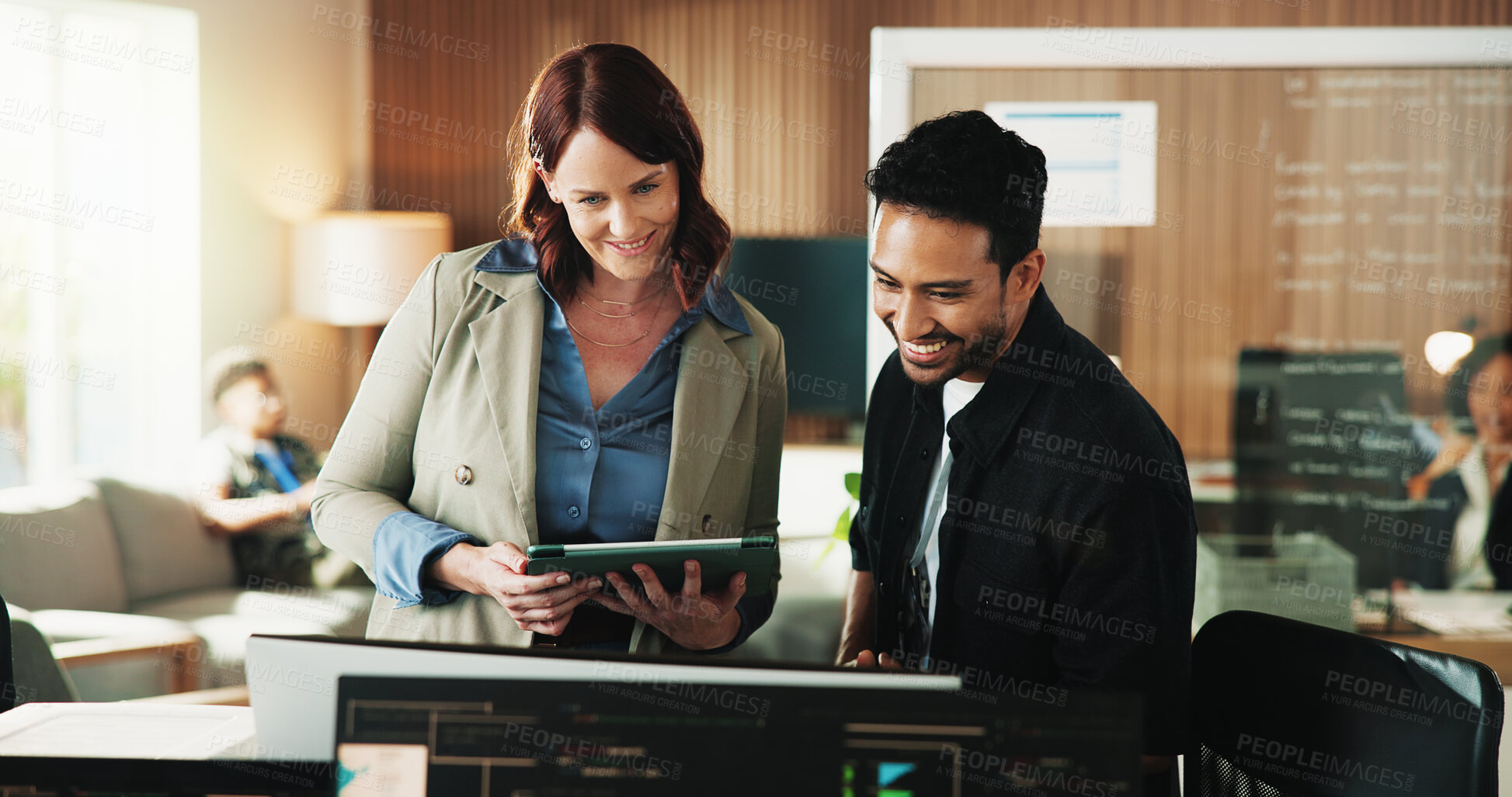 Buy stock photo Tablet, developer and team with business people in office for web programmer, research and feedback. Code review, software engineer and computer with employees in tech startup for it collaboration