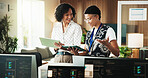 Tablet, developer and advice with business people in office for web programmer, research and feedback. Code review, software engineer and database with employees in tech startup for it collaboration