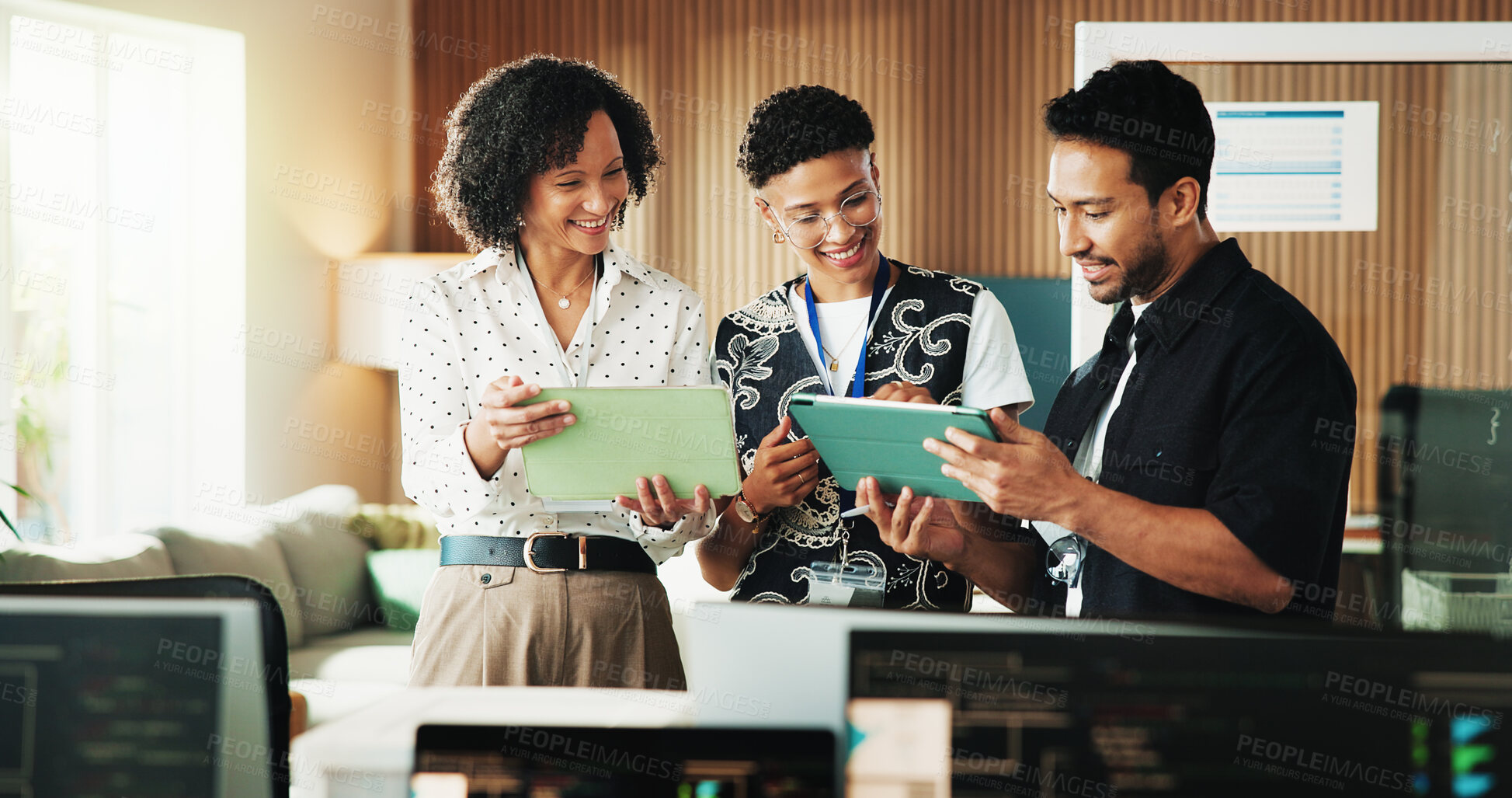 Buy stock photo Tablet, coding and research with business people in office for programmer review, team and project. Web developer, software engineer and tech workshop with employees for database feedback and meeting