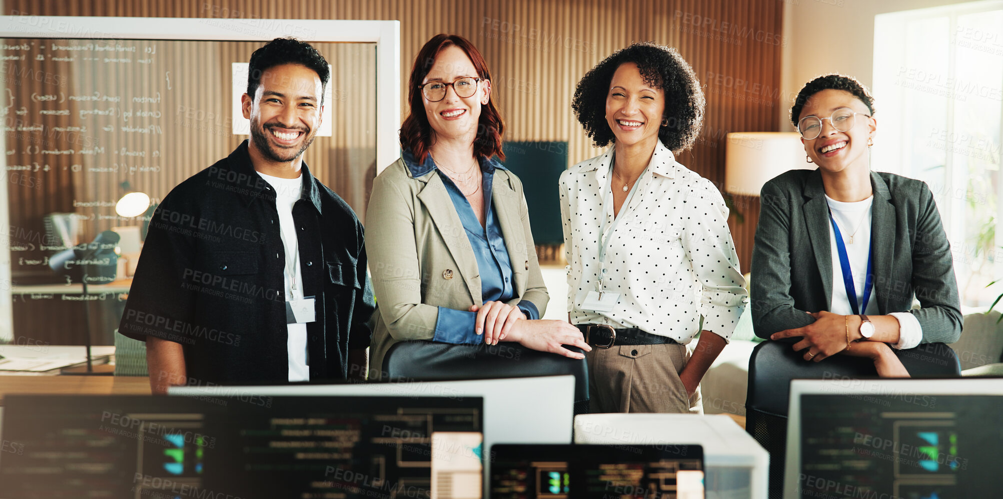 Buy stock photo Portrait, coding and team with business people in office for programmer review, research and project. Web developer, software engineer and tech workshop with employees for database and about us