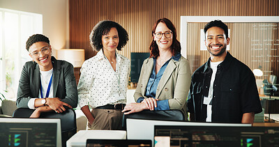 Buy stock photo Portrait, coding and smile with business people in office for programmer review, research and project. Web developer, software engineer and tech workshop with employees for database and about us