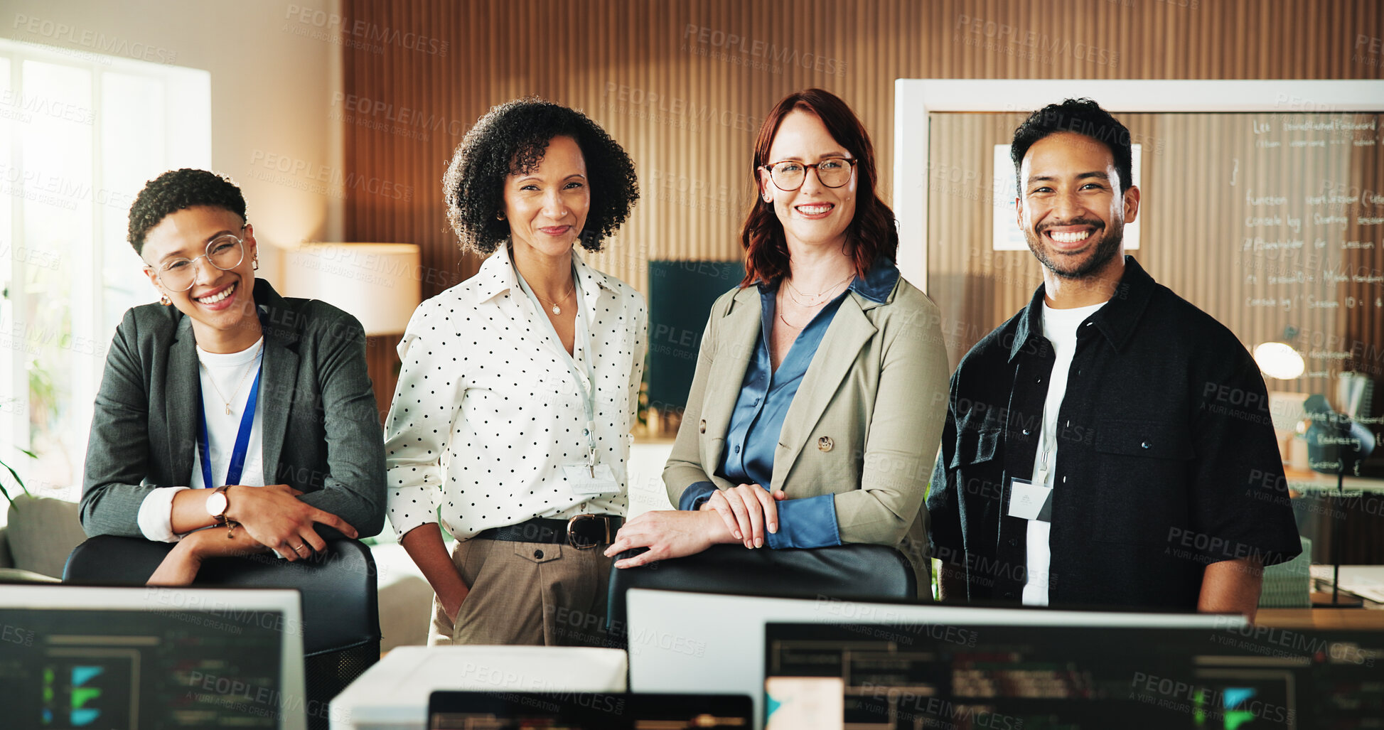 Buy stock photo Portrait, coding and smile with business people in office for programmer review, research and project. Web developer, software engineer and tech workshop with employees for database and about us
