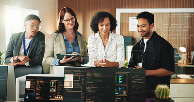 Buy stock photo Developer, planning and computer with business people in office for database, team and cyber security. Software engineer, firewall update and feedback with employees in agency for code review