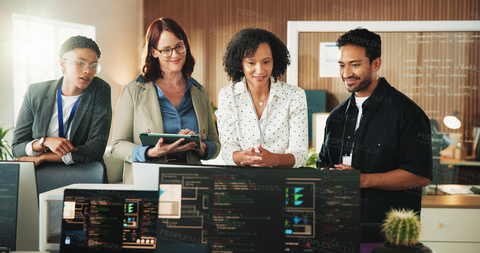 Buy stock photo Developer, planning and computer with business people in office for database, team and cyber security. Software engineer, firewall update and feedback with employees in agency for code review