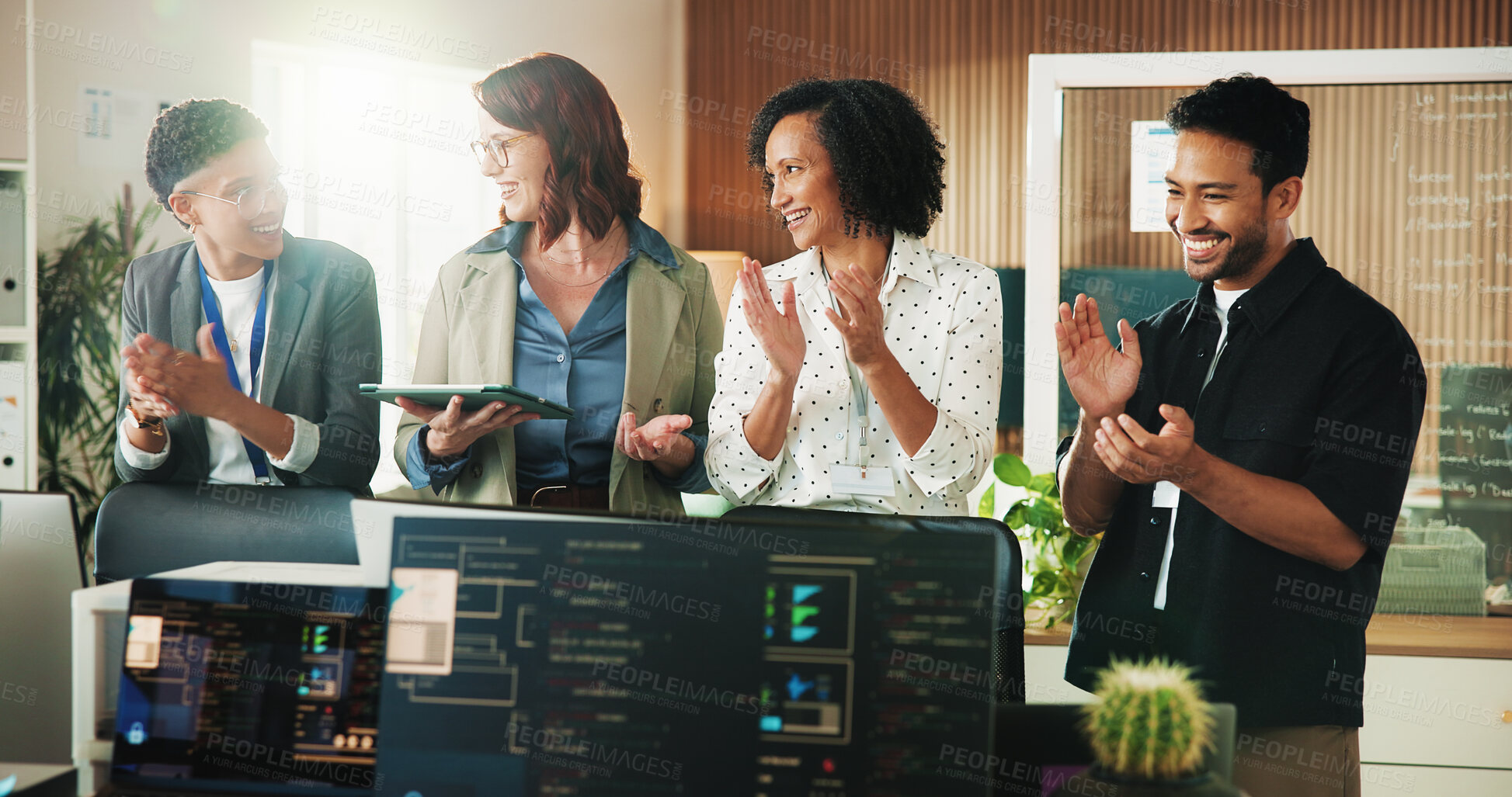 Buy stock photo Applause, programmer and tablet with business people in office for app developer, support and database. It engineer, software launch success and celebration with employees with tech in agency