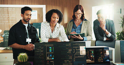 Buy stock photo Developer, team and computer with business people in office for database, meeting and cyber security. Software engineer, firewall update and feedback with employees in tech agency for code review