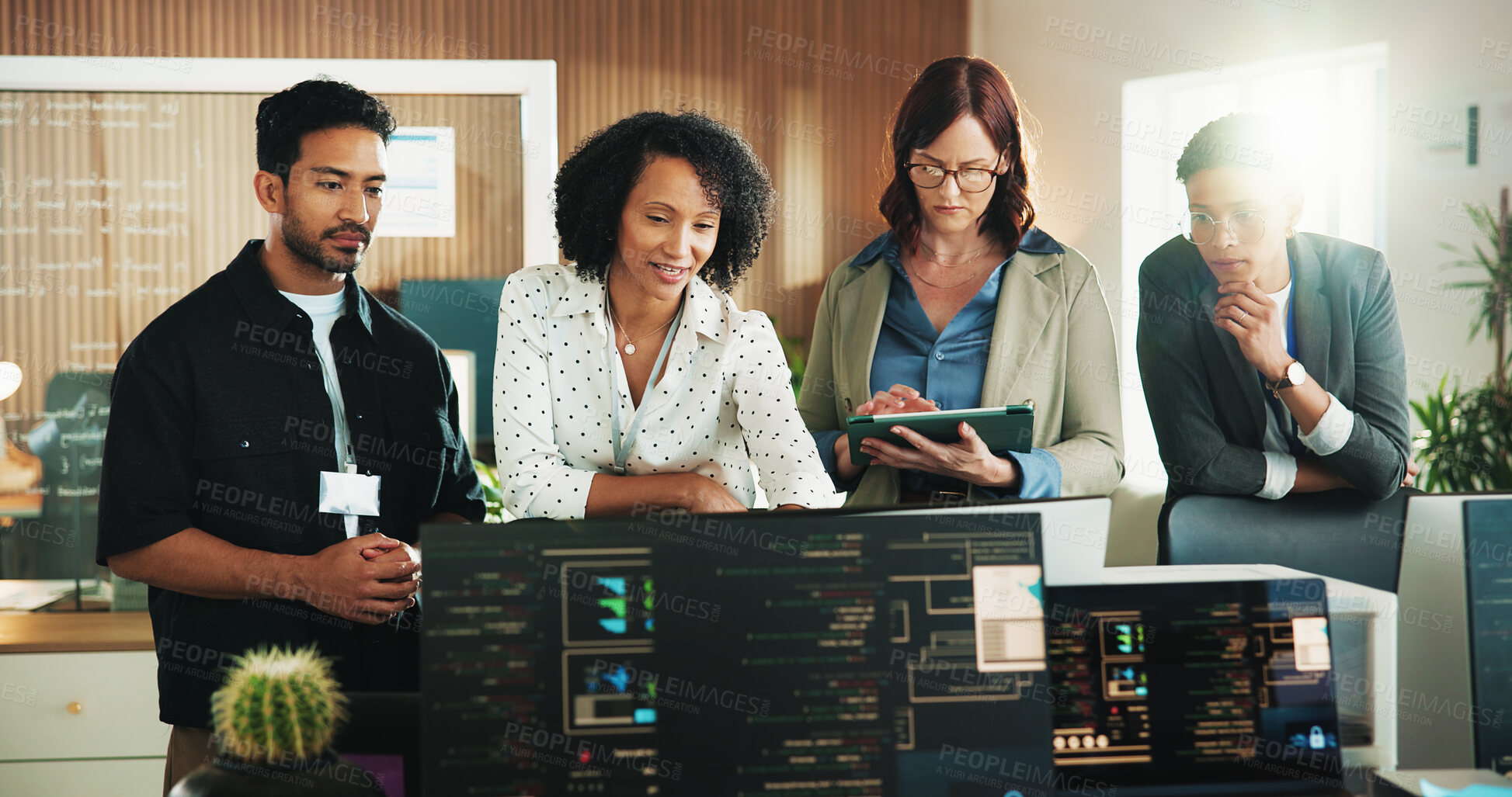Buy stock photo Developer, team and computer with business people in office for database, meeting and cyber security. Software engineer, firewall update and feedback with employees in tech agency for code review