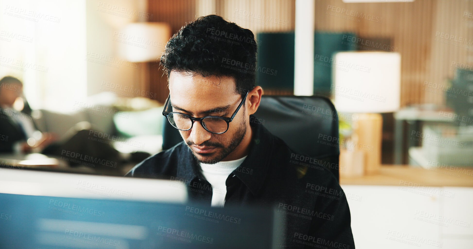 Buy stock photo Computer, research and programmer with business man in office for web developer, code or database. Software engineer, firewall update and coding system with person in tech startup for online solution