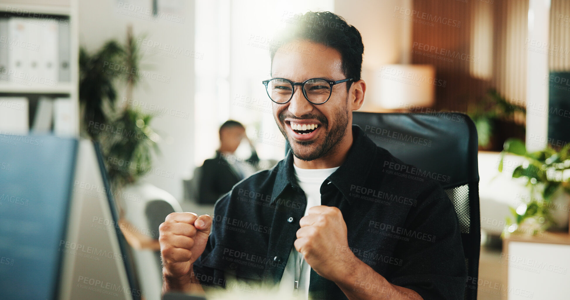Buy stock photo Happy man, winning or promotion with fist pump in office for good news, victory or achievement. Excited, male person or employee with smile for bonus, salary increase or business success in workplace