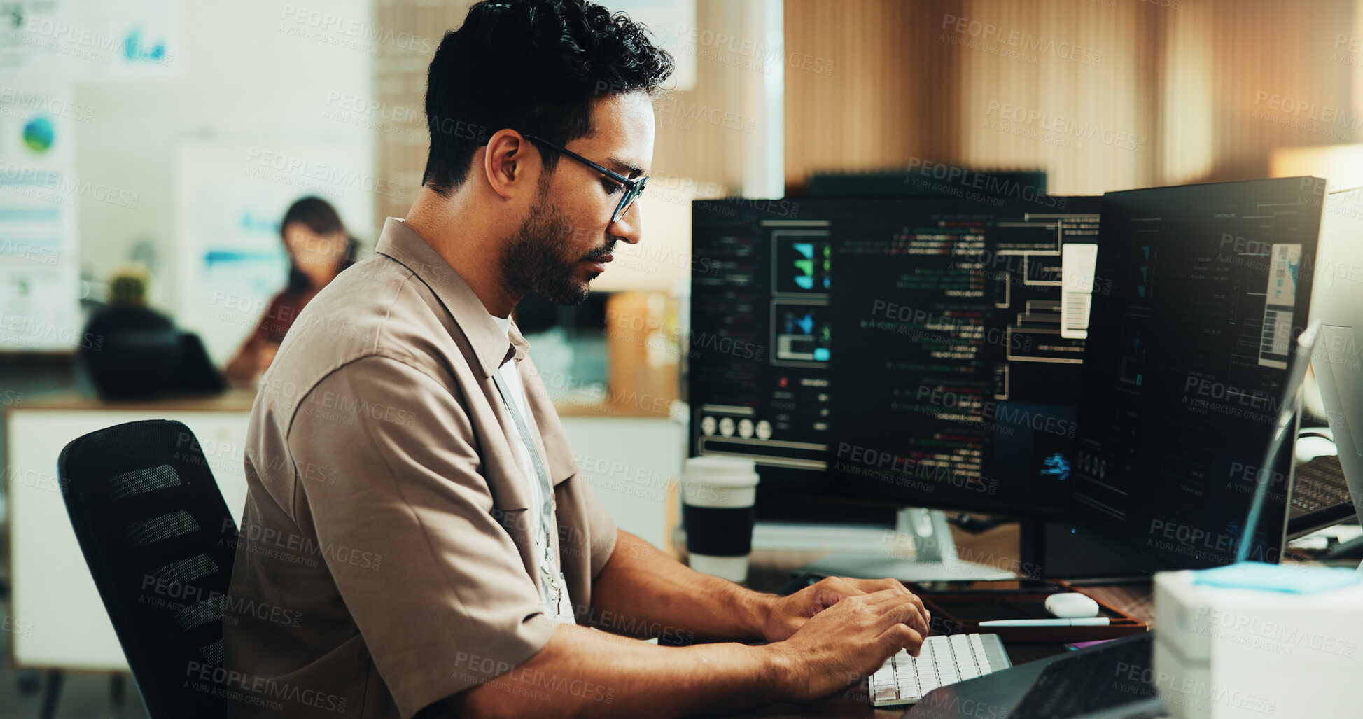 Buy stock photo Typing, programmer and computer with business man in office for web developer, it expert and research. Software engineer, coding update and database project with employee in tech startup for firewall