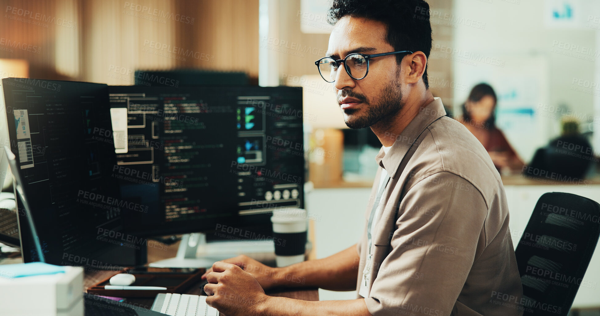 Buy stock photo Glasses, programmer and computer with business man in office for web developer, it expert or research. Software engineer, coding update and database project with employee in tech startup for firewall