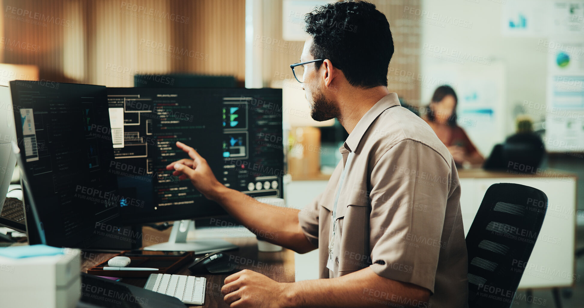 Buy stock photo Computer, code and programmer with business man in office for web developer, research or database. Software engineer, firewall update and coding system with person in tech startup for online solution