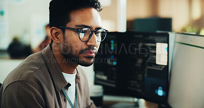 Buy stock photo Computer, glasses and programmer with business man in office for web developer, code or database. Software engineer, firewall update and coding system with person in tech startup for online solution