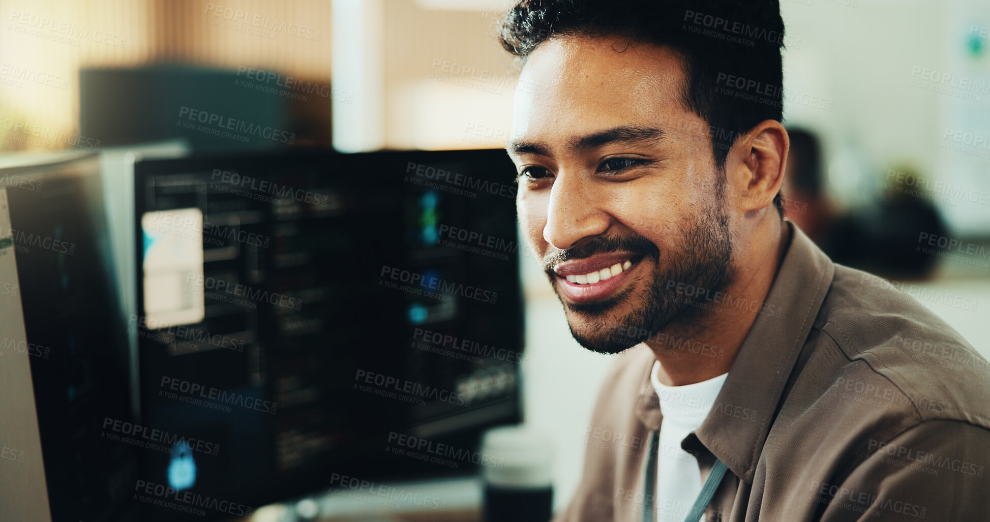 Buy stock photo Smile, programmer and computer with business man in office for web developer, it expert or research. Software engineer, coding update and database project with employee in tech startup for firewall