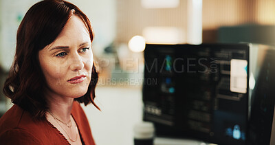 Buy stock photo Computer, programmer and reading with woman in office for coding, cyber security or cloud computing. Programming, research and developer with person in tech agency for database update and it solution