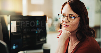 Buy stock photo Computer, programmer and thinking with woman in office for coding, cyber security or cloud computing. Programming, research and developer with person in agency for database vision and it solution