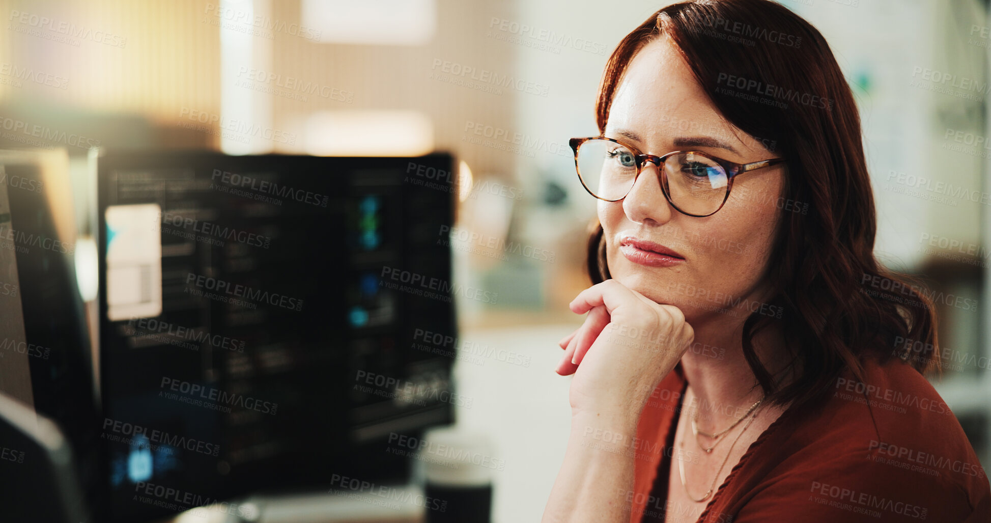 Buy stock photo Computer, programmer and thinking with woman in office for coding, cyber security or cloud computing. Programming, research and developer with person in agency for database vision and it solution