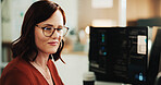 Glasses, programmer and computer with business woman in office for web developer, it expert or research. Software engineer, coding update and database project with employee in startup for firewall
