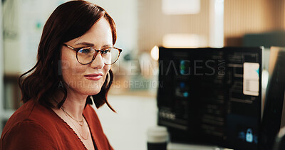 Buy stock photo Glasses, programmer and computer with business woman in office for web developer, it expert or research. Software engineer, coding update and database project with employee in startup for firewall