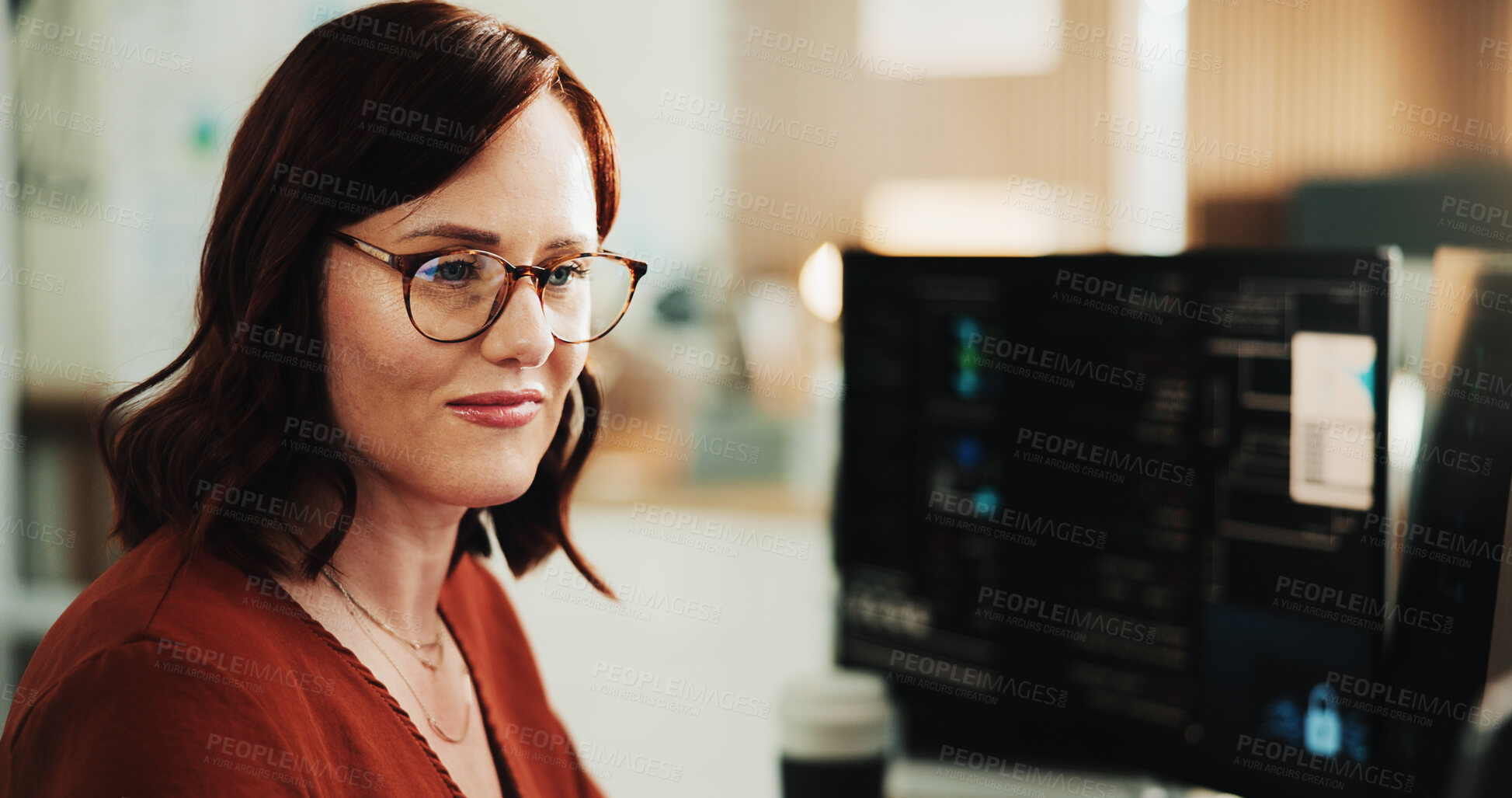 Buy stock photo Glasses, programmer and computer with business woman in office for web developer, it expert or research. Software engineer, coding update and database project with employee in startup for firewall
