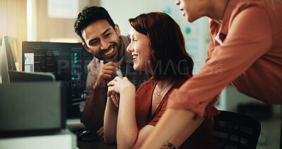 Buy stock photo Computer, coding and team with business people in office for programmer review, research and project. Web developer, software engineer and tech workshop with employees for database and meeting