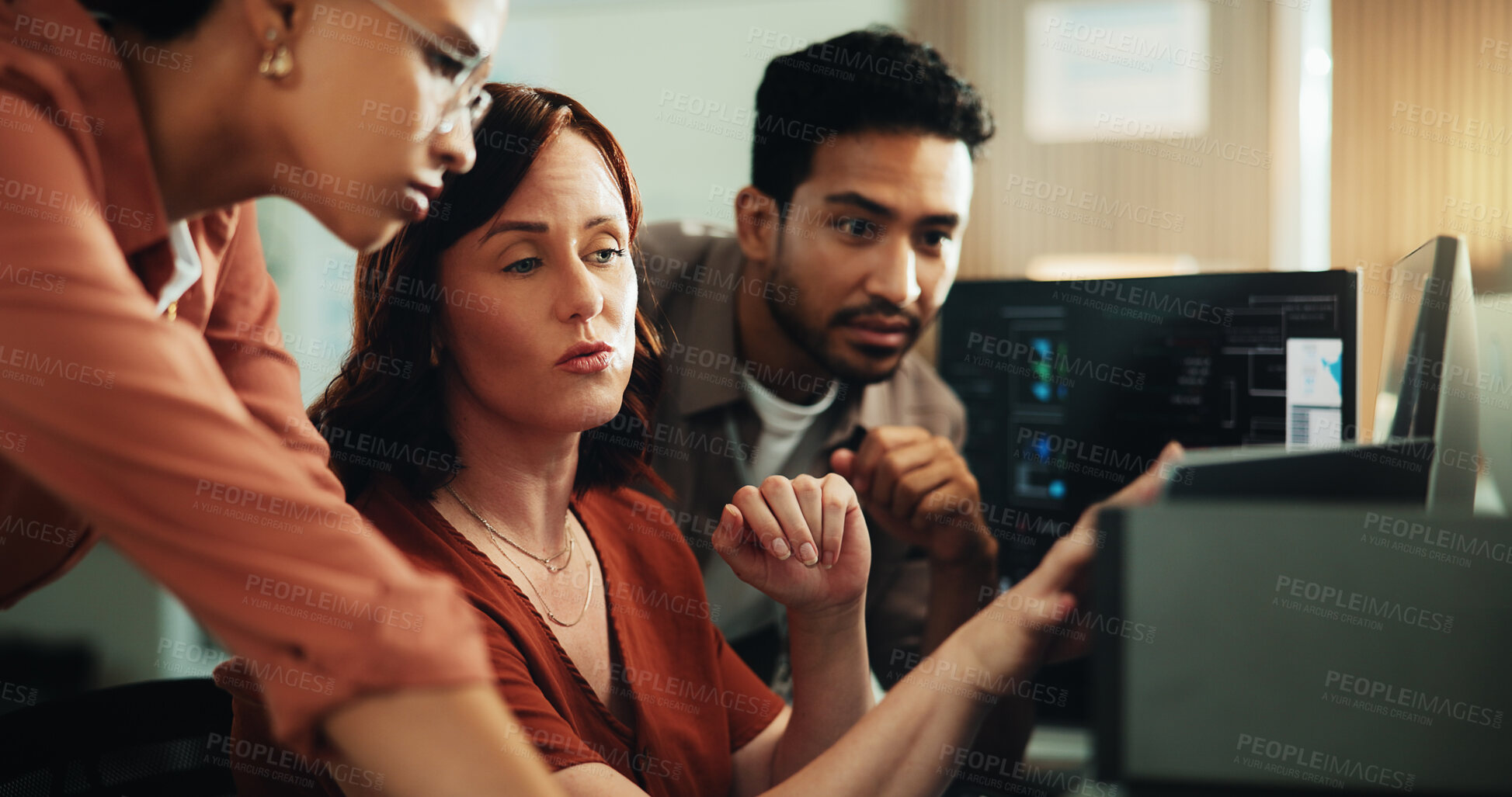 Buy stock photo Computer, coding and research with business people in office for programmer review, team and project. Web developer, software engineer and tech workshop with employees for database and meeting