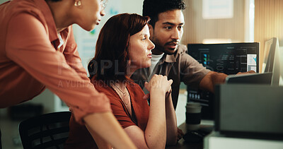 Buy stock photo Computer, coding and reading with business people in office for programmer review, research and project. Web developer, software engineer and tech workshop with employees for database and meeting