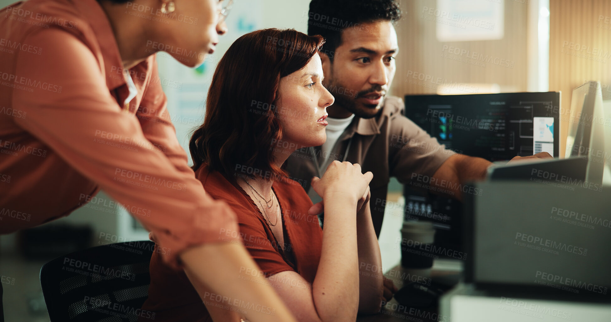 Buy stock photo Computer, coding and reading with business people in office for programmer review, research and project. Web developer, software engineer and tech workshop with employees for database and meeting