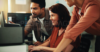 Buy stock photo Computer, coding and typing with business people in office for programmer review, research and project. Web developer, software engineer and tech workshop with employees for database and meeting