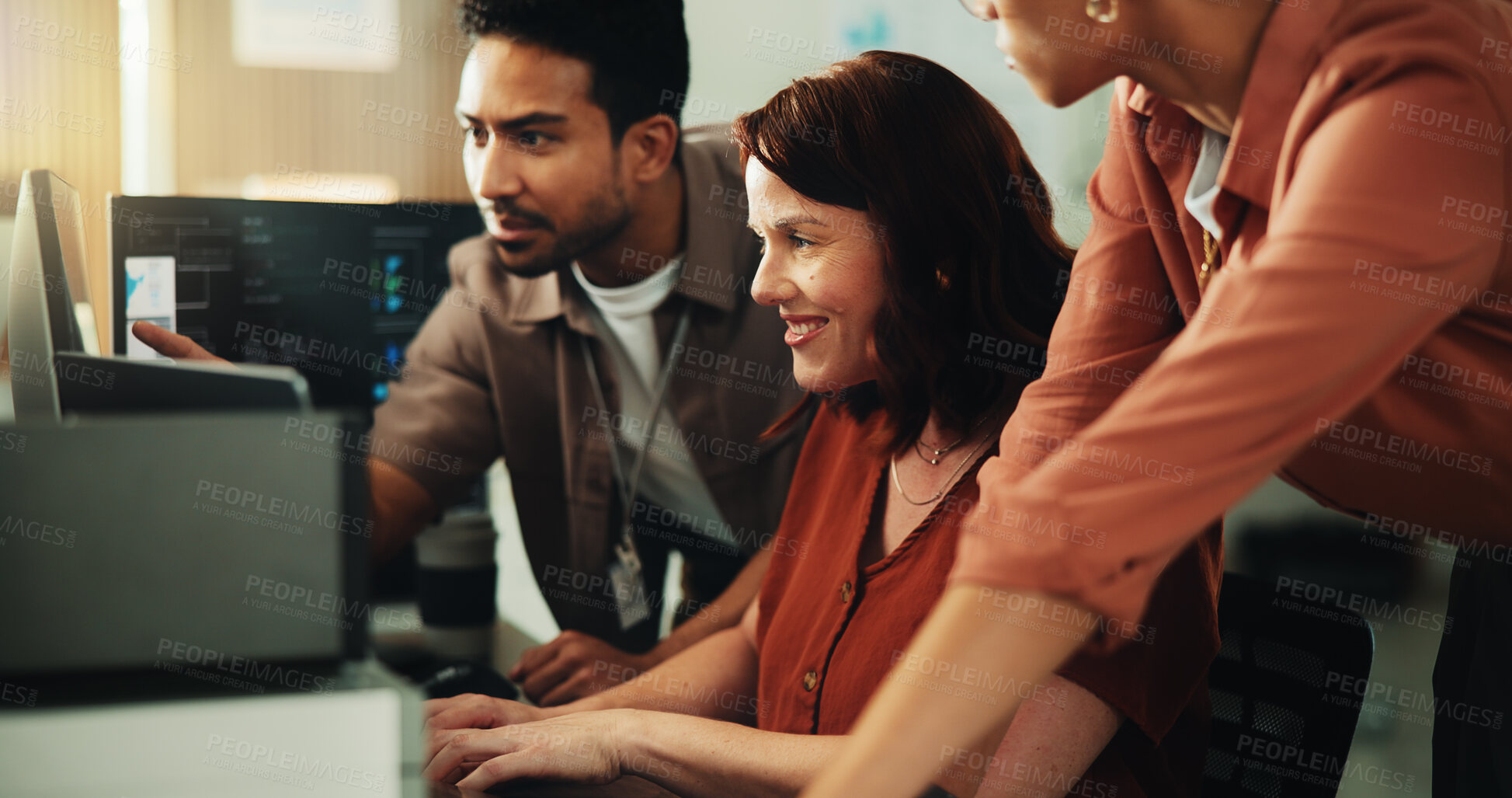 Buy stock photo Computer, coding and typing with business people in office for programmer review, research and project. Web developer, software engineer and tech workshop with employees for database and meeting