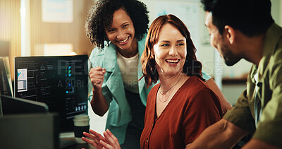 Buy stock photo Computer, programmer and success with business people in office for app developer, support and database. It engineer, software launch target and celebration with employees with tech in agency