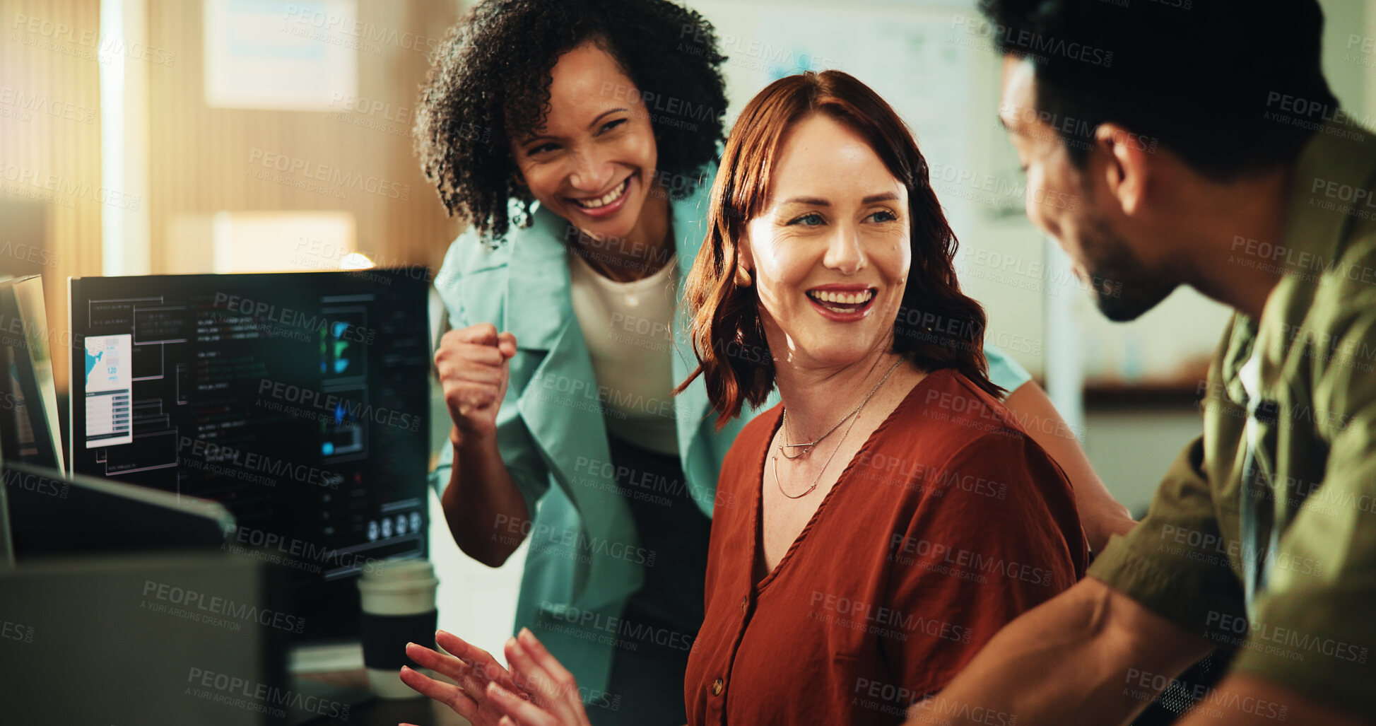 Buy stock photo Computer, programmer and success with business people in office for app developer, support and database. It engineer, software launch target and celebration with employees with tech in agency