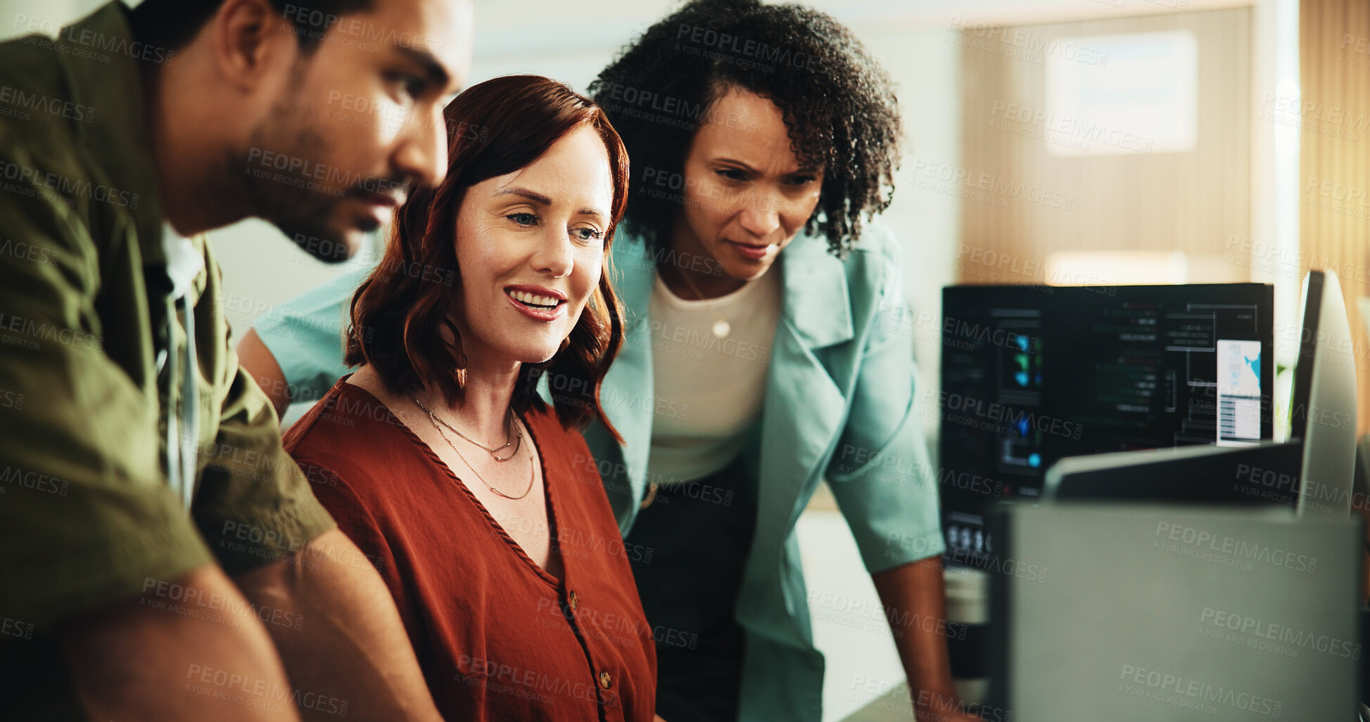 Buy stock photo Computer, coding and smile with business people in office for programmer review, research and project. Web developer, software engineer and tech workshop with employees for database and meeting