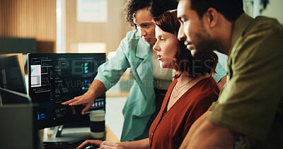 Buy stock photo Computer, coding and research with business people in office for programmer review, screen and project. Web developer, software engineer and tech workshop with employees for database and meeting