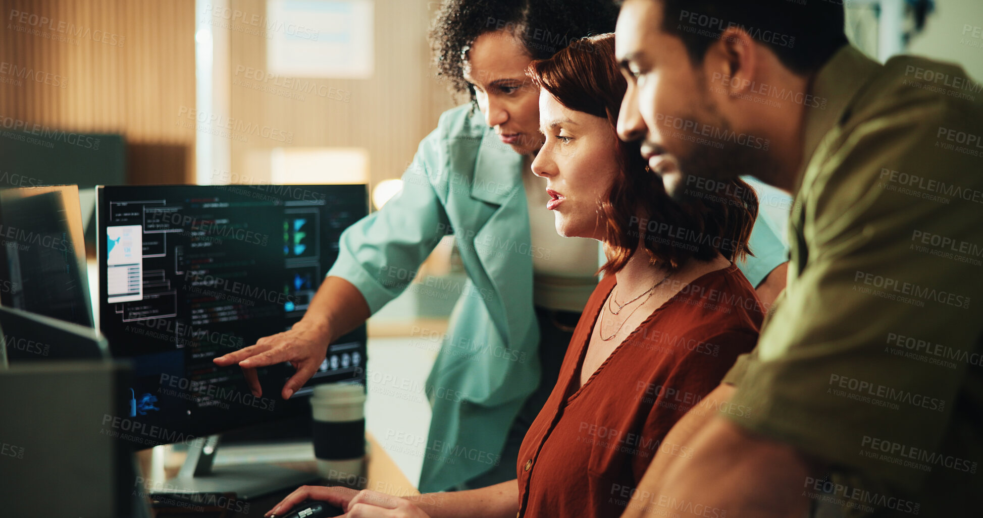 Buy stock photo Computer, coding and research with business people in office for programmer review, screen and project. Web developer, software engineer and tech workshop with employees for database and meeting