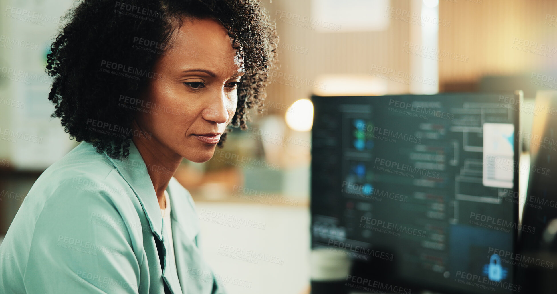 Buy stock photo Computer, programmer and research with woman in office for coding, cyber security or cloud computing. Programming, reading and developer with person in tech agency for database update and it solution