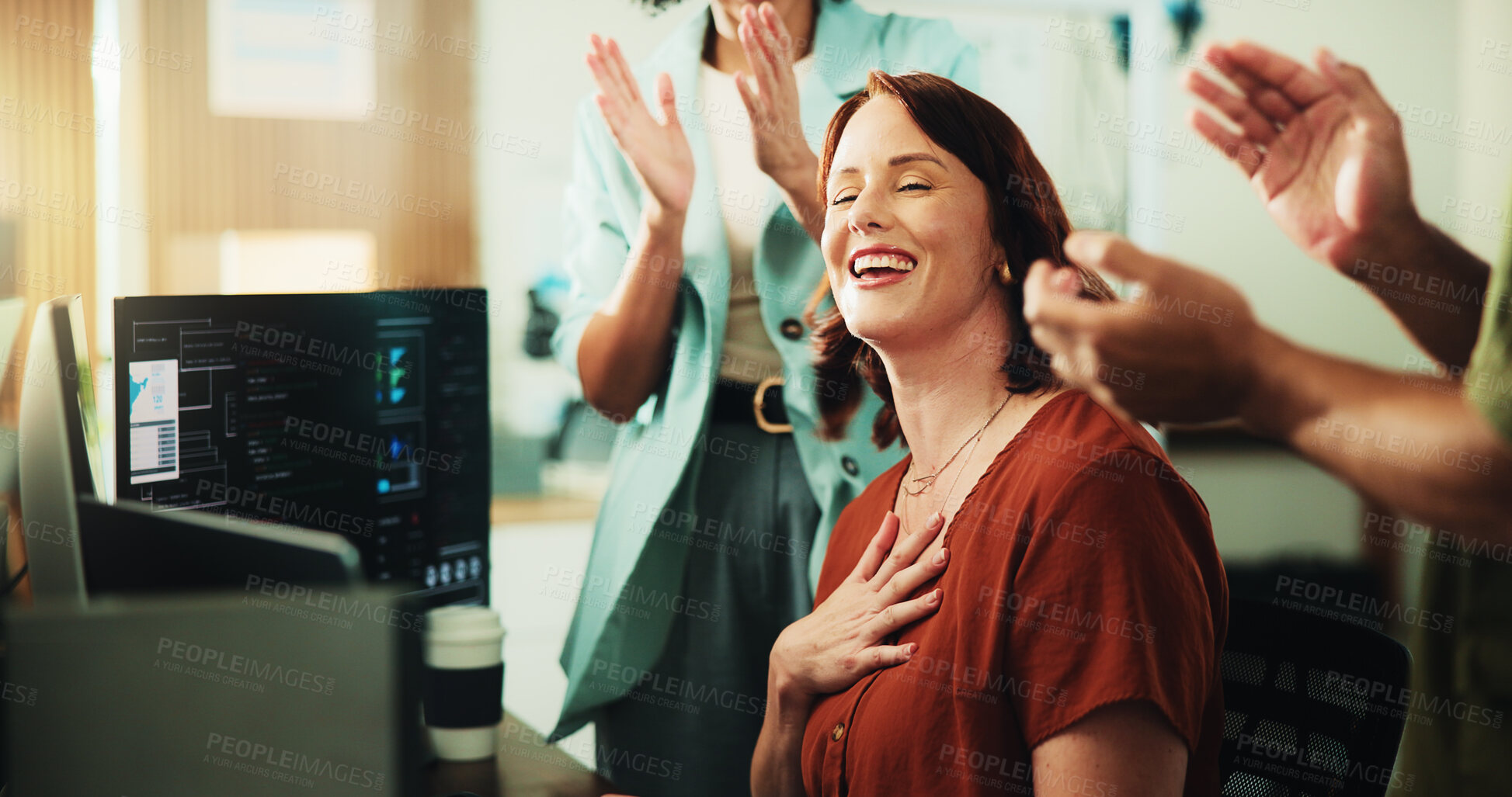 Buy stock photo Computer, programmer and applause with business woman in office for app developer, support and database. It engineer, software launch success and celebration with employees with tech in agency