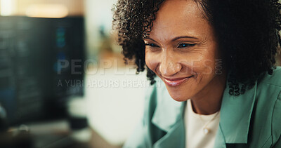 Buy stock photo Computer, developer and research with woman in office for programmer, cyber security or cloud computing. Programming, reading and coding with person in tech agency for database update and it solution