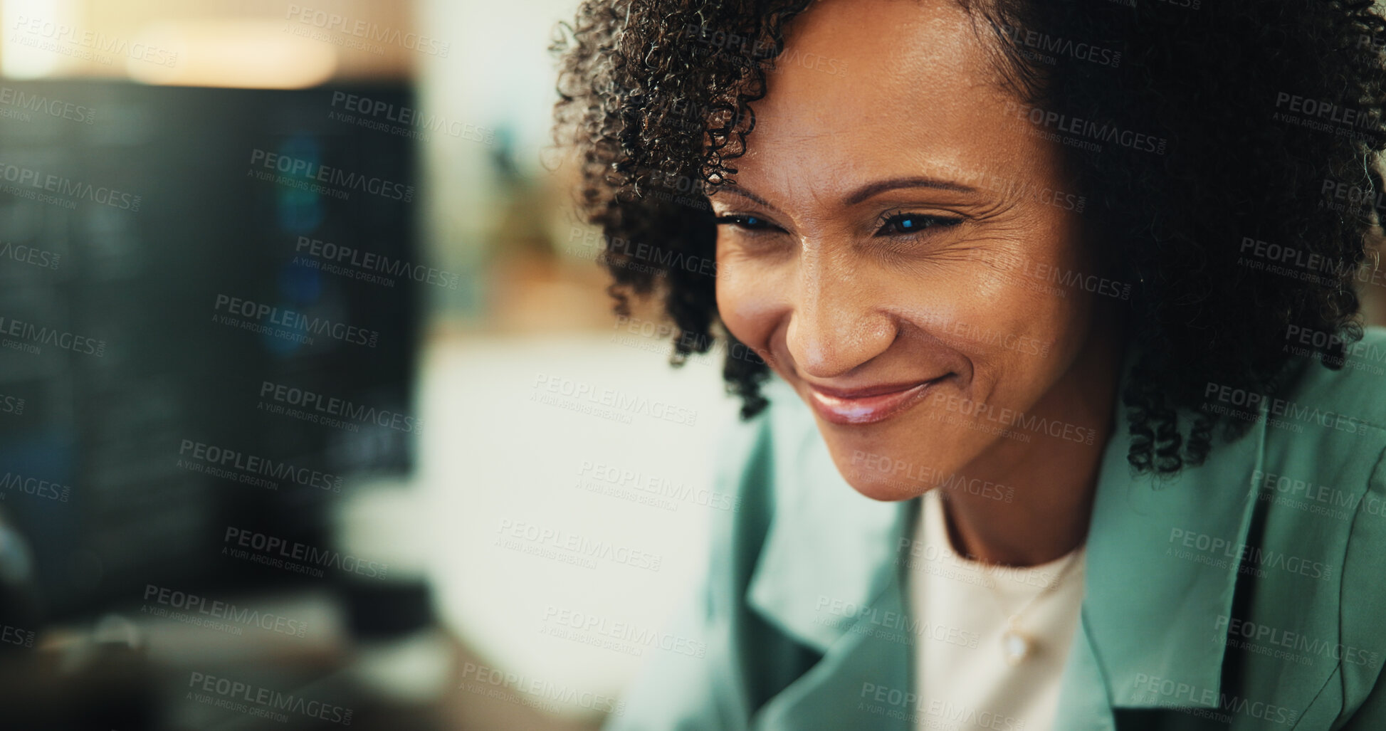 Buy stock photo Computer, developer and research with woman in office for programmer, cyber security or cloud computing. Programming, reading and coding with person in tech agency for database update and it solution