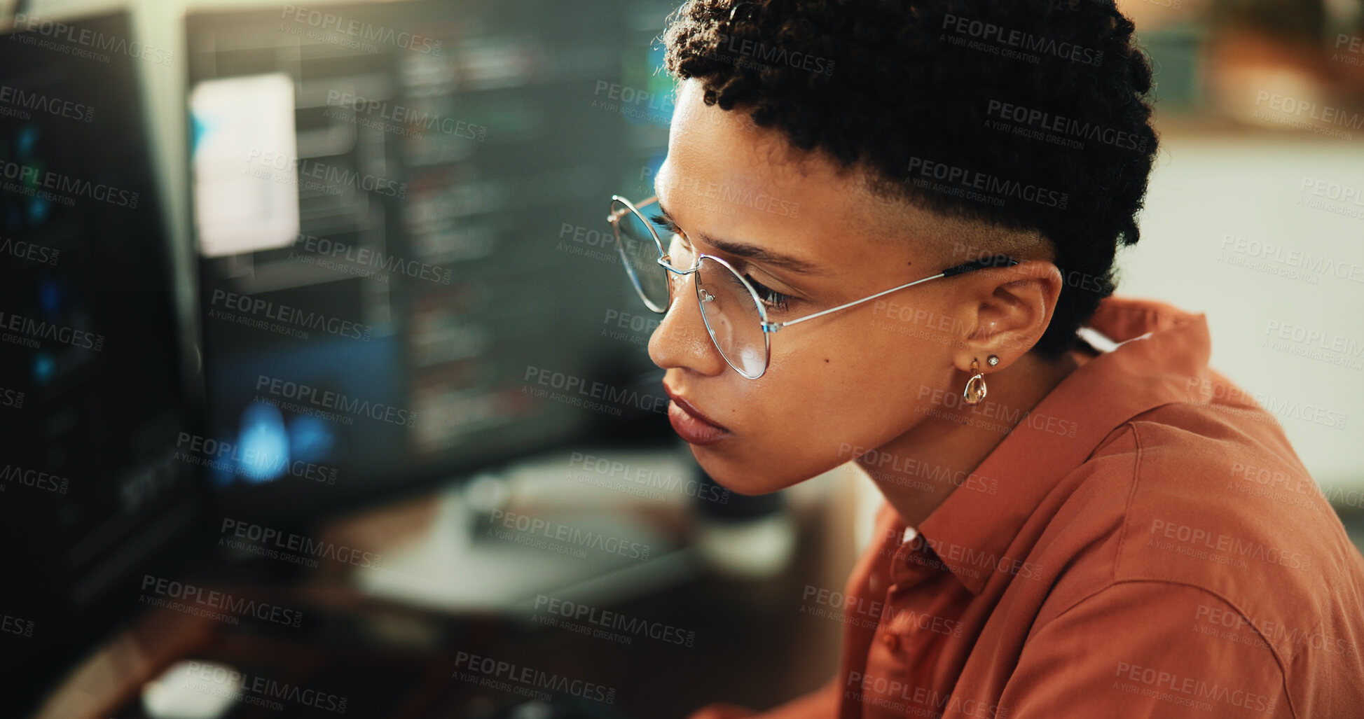 Buy stock photo Reading, developer and computer with business woman in office for web programmer, it expert or research. Software engineer, coding update and database project with employee in startup for firewall
