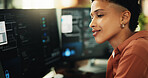 Computer, developer and reading with woman in office for programmer, cyber security or cloud computing. Programming, research and coding with person in tech agency for database update and it solution