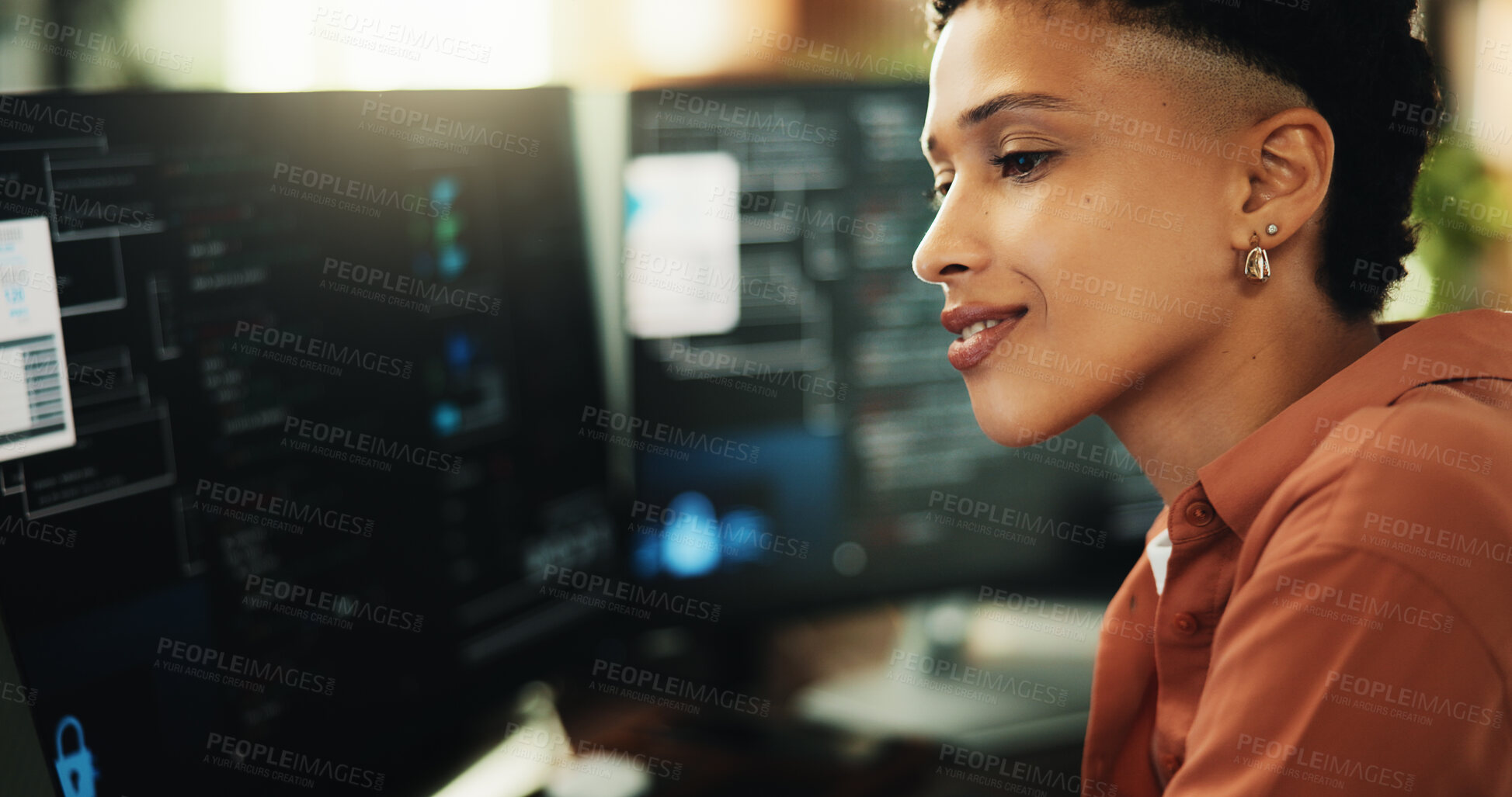 Buy stock photo Computer, developer and reading with woman in office for programmer, cyber security or cloud computing. Programming, research and coding with person in tech agency for database update and it solution