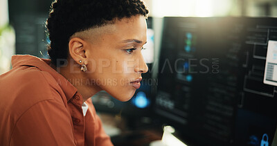 Buy stock photo Research, coding and computer with business woman in office for web programmer, it expert or reading. Software engineer, developer update and database project with employee in startup for firewall